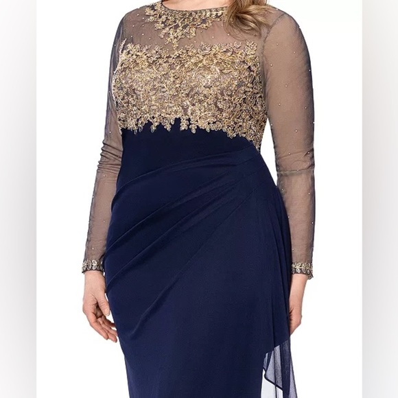 Xscape Long Sleeve Dress with Navy and Gold Accents - Picture 5 of 6